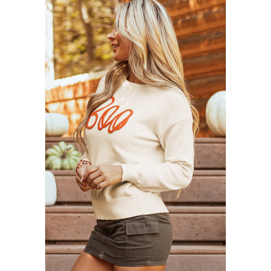Black Boo Knitted Pattern Ribbed Edge Drop Shoulder Sweater Sweaters & Cardigans/Sweaters