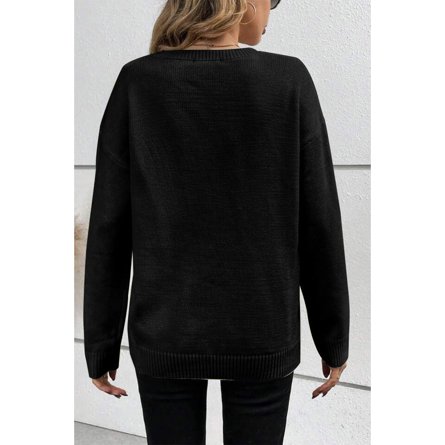 Black Boo Knitted Pattern Ribbed Edge Drop Shoulder Sweater / S / 50% Viscose + 28% Polyester + 22% Polyamide Sweaters & Cardigans/Sweaters