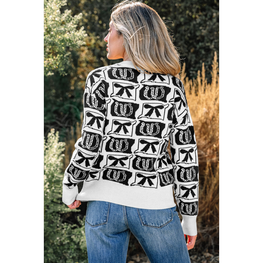 Black Bows & Horseshoes Pattern Western Fashion Print Sweater Sweaters & Cardigans/Sweaters