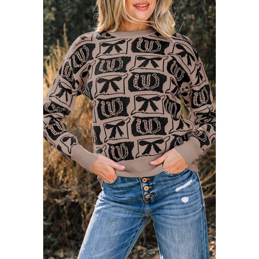 Black Bows & Horseshoes Pattern Western Fashion Print Sweater Sweaters & Cardigans/Sweaters