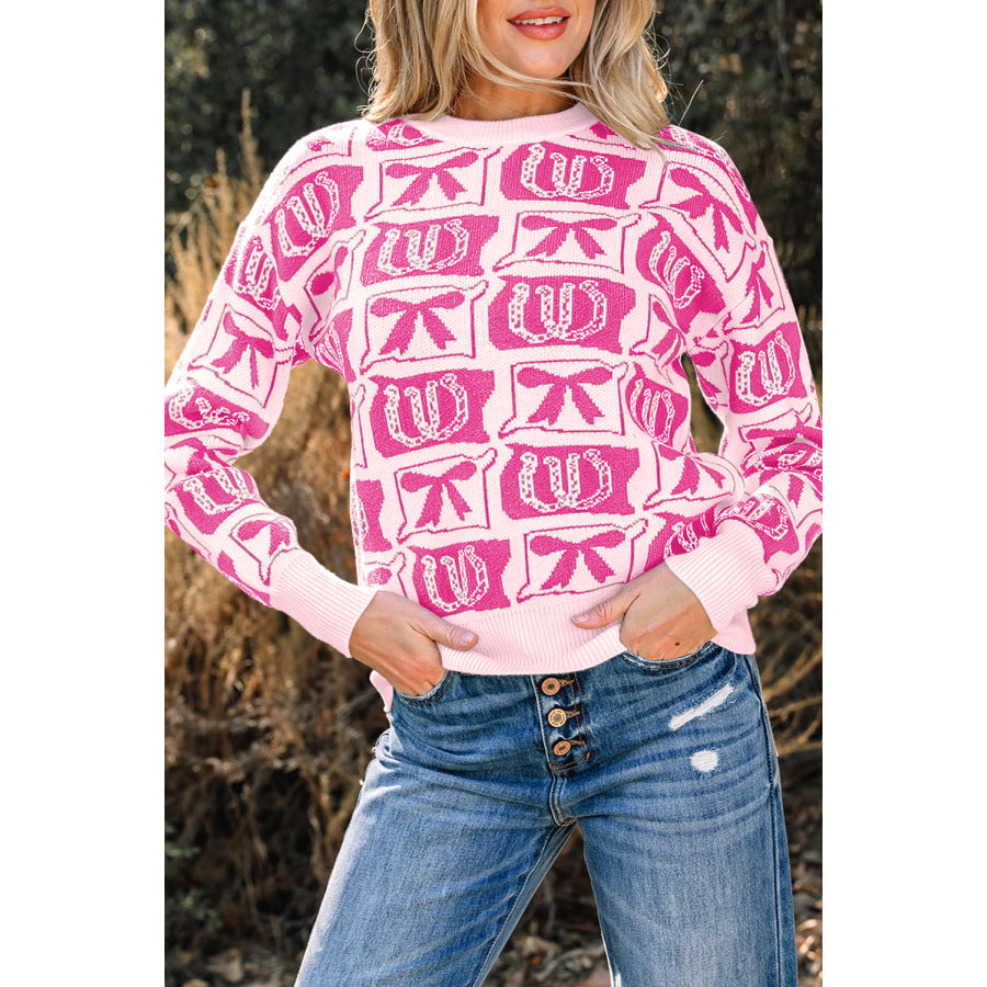 Black Bows & Horseshoes Pattern Western Fashion Print Sweater Sweaters & Cardigans/Sweaters