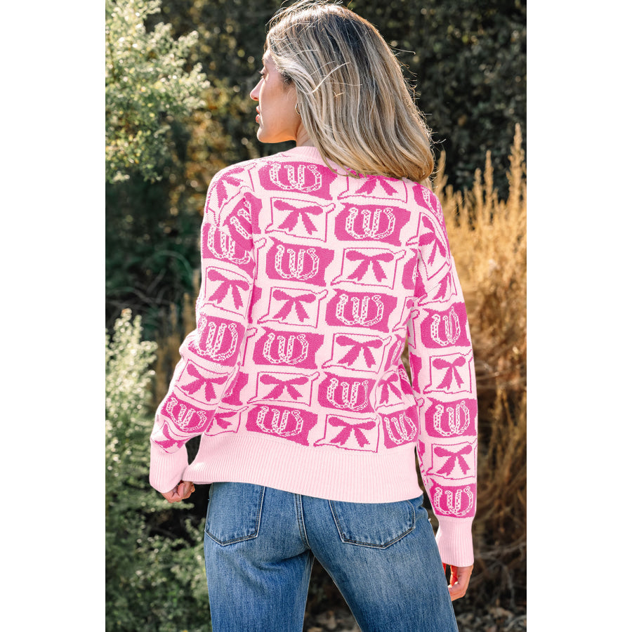 Black Bows & Horseshoes Pattern Western Fashion Print Sweater Sweaters & Cardigans/Sweaters