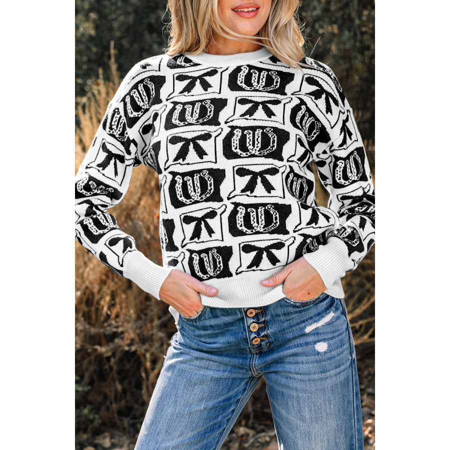 Black Bows & Horseshoes Pattern Western Fashion Print Sweater Sweaters & Cardigans/Sweaters