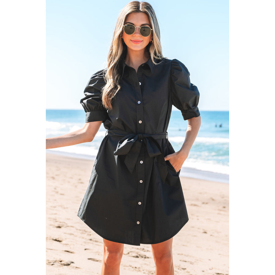 Black Button Up Tie Waist Puff Sleeve Mini Dress Dresses/Mini Dresses