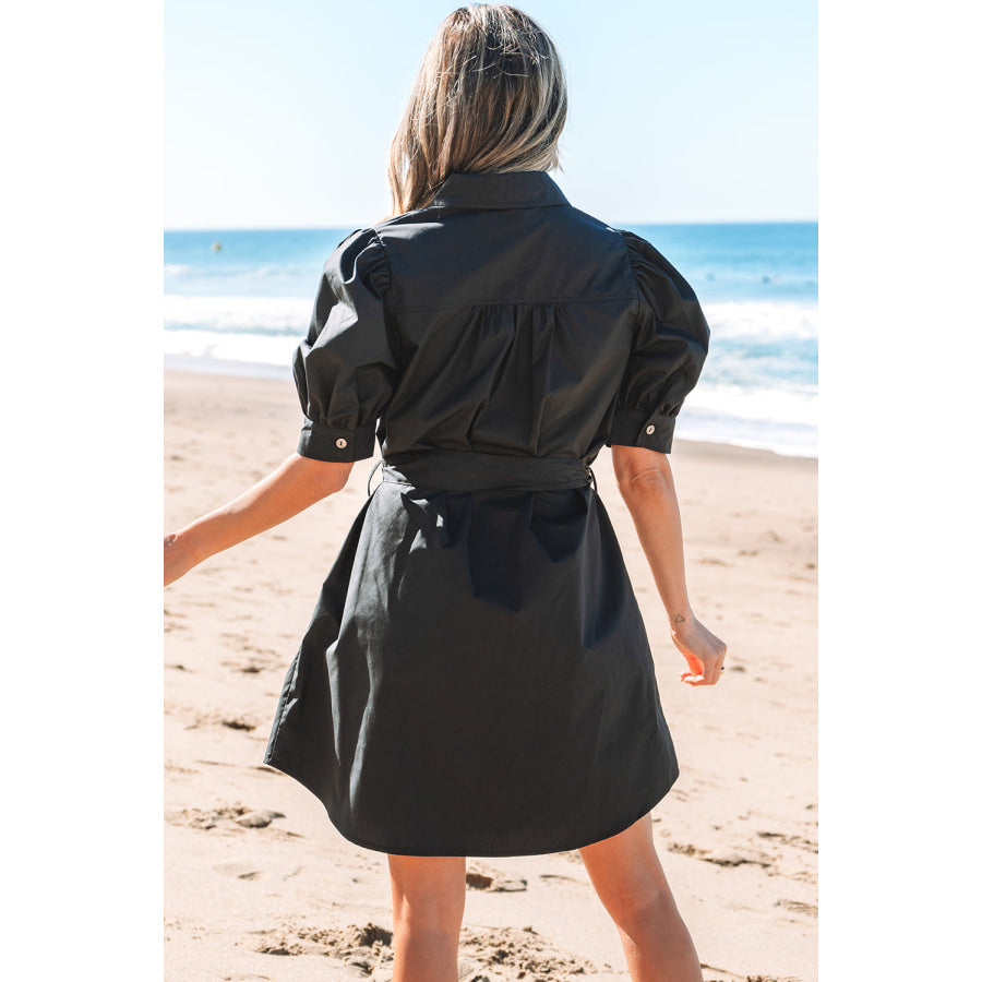 Black Button Up Tie Waist Puff Sleeve Mini Dress Dresses/Mini Dresses