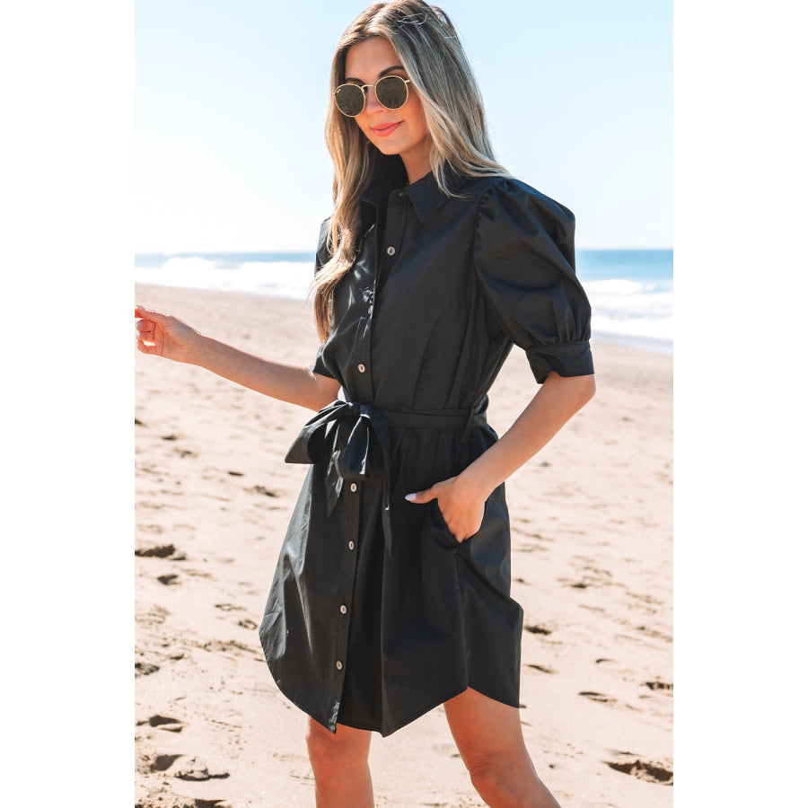 Black Button Up Tie Waist Puff Sleeve Mini Dress Dresses/Mini Dresses
