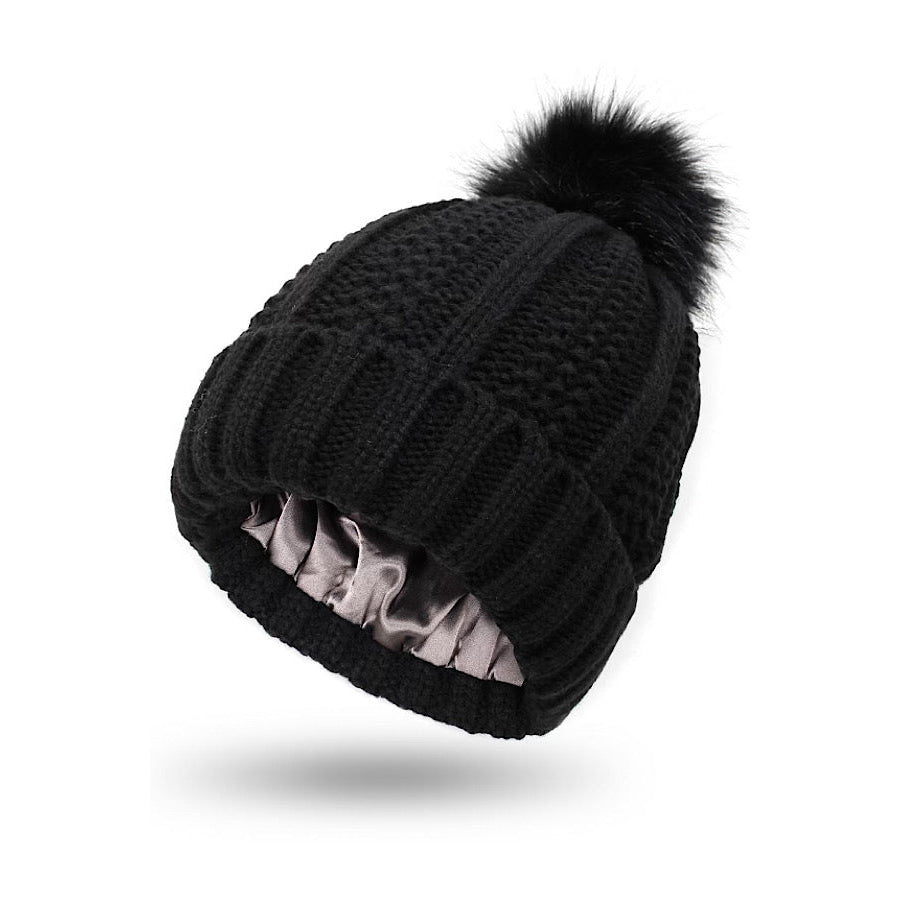 Black Cable Knit Pom Beanie WS 620 Hats