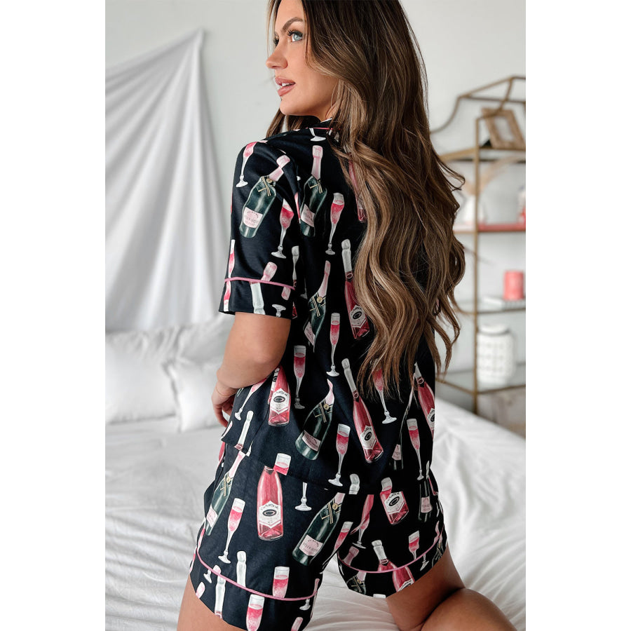 Black Champagne Print Silky Short Sleeve Pajamas Set Loungewear & Sleepwear/Sleepwear