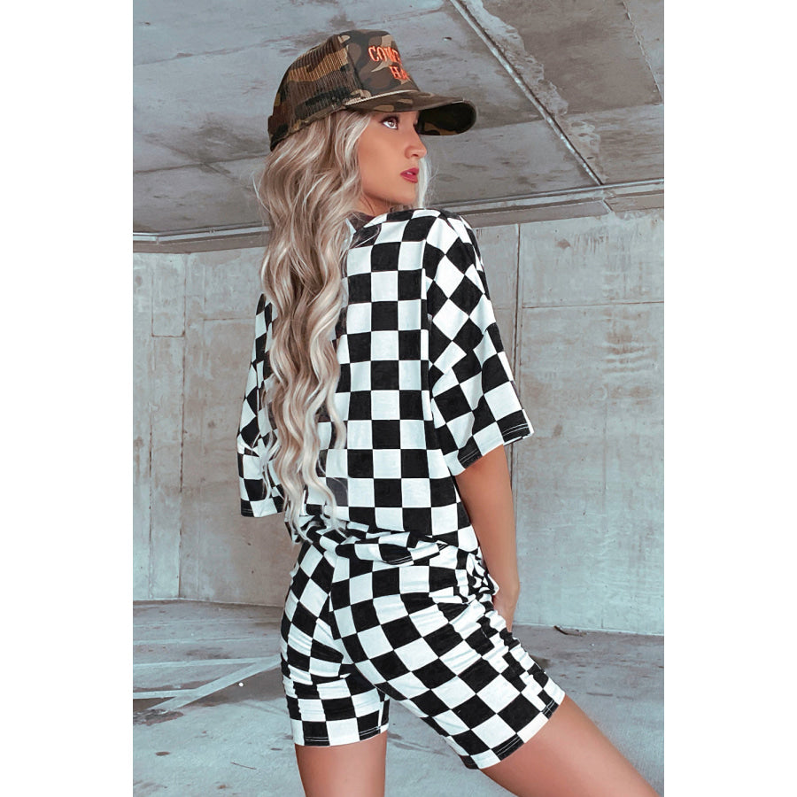 Black Checkerboard Print V Neck Loose Tee and Shorts Lounge Set Loungewear & Sleepwear/Loungewear