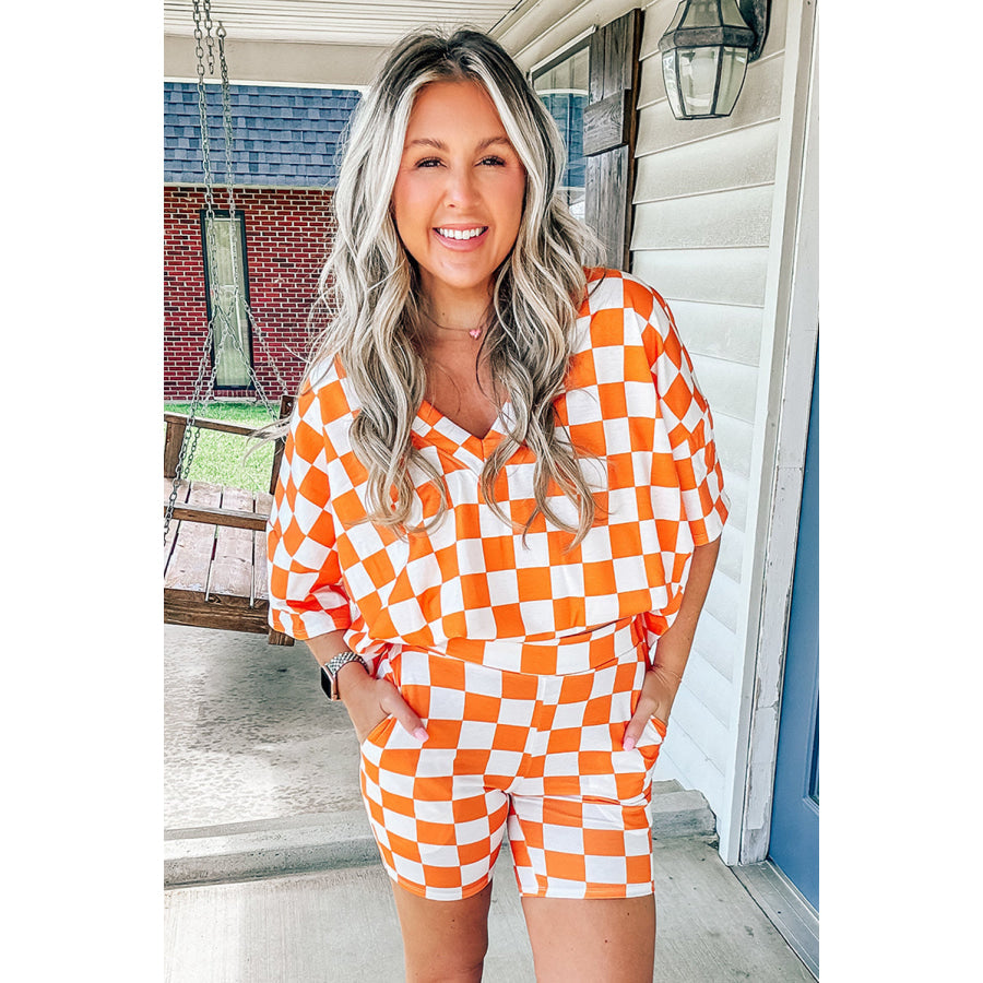 Black Checkerboard Print V Neck Loose Tee and Shorts Lounge Set Loungewear & Sleepwear/Loungewear