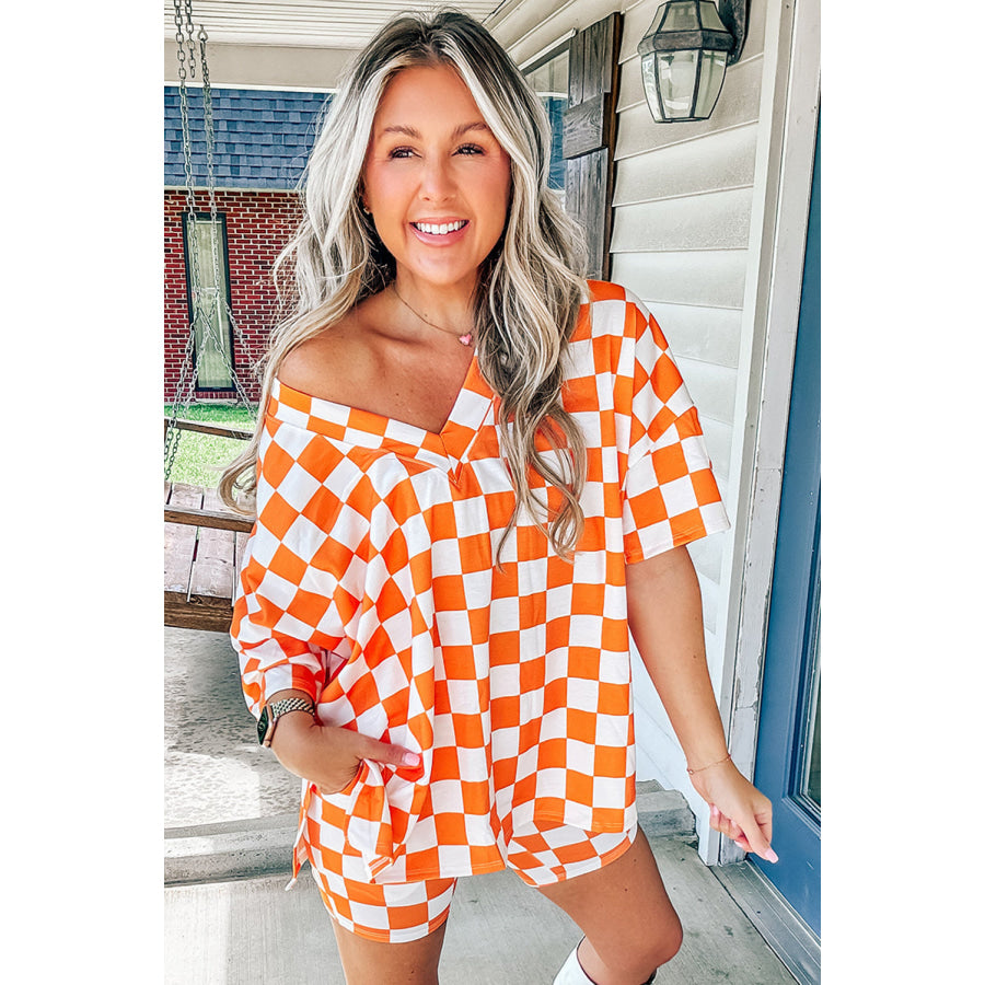 Black Checkerboard Print V Neck Loose Tee and Shorts Lounge Set Loungewear & Sleepwear/Loungewear
