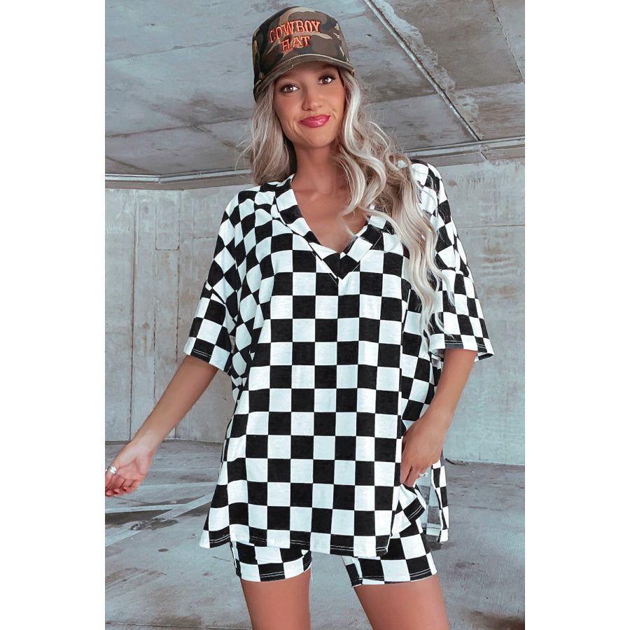 Black Checkerboard Print V Neck Loose Tee and Shorts Lounge Set Loungewear & Sleepwear/Loungewear