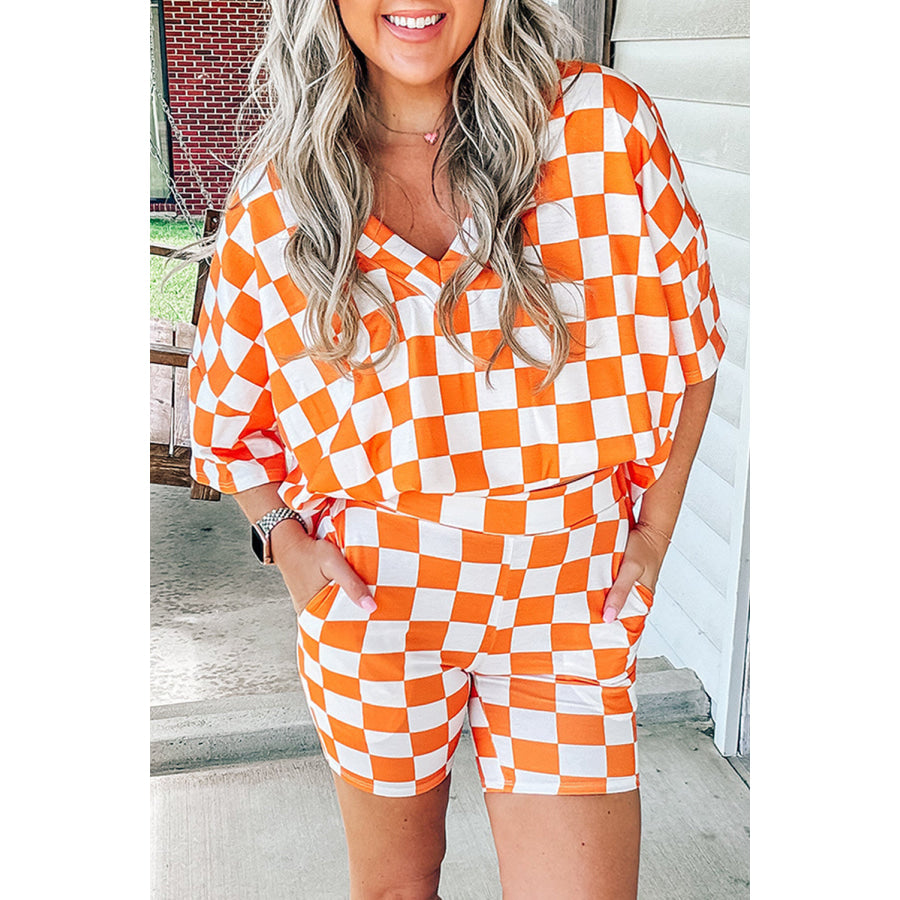 Black Checkerboard Print V Neck Loose Tee and Shorts Lounge Set Orange / S / 95% Polyester + 5% Elastane Loungewear & Sleepwear/Loungewear