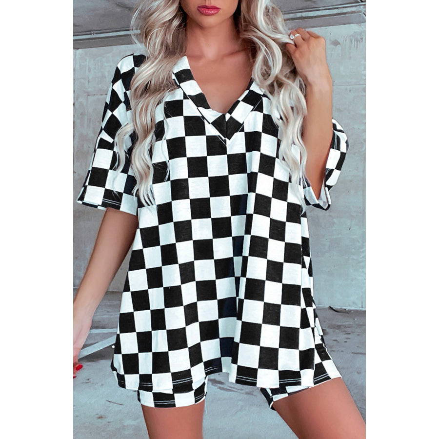 Black Checkerboard Print V Neck Loose Tee and Shorts Lounge Set Black / S / 95% Polyester + 5% Elastane Loungewear & Sleepwear/Loungewear