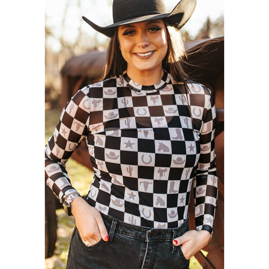 Black Checkerboard Western Elements Printed Mesh Long Sleeve Top Black / S / 95% Polyester + 5% Elastane Tops/Long Sleeve Tops