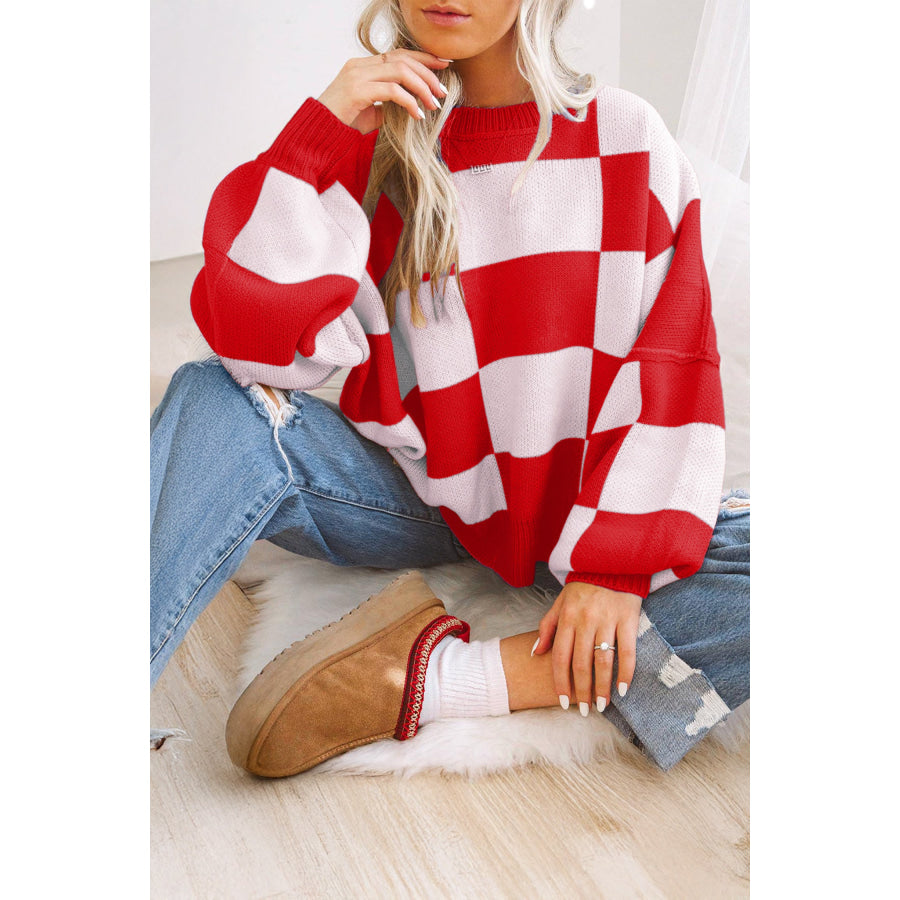 Black Checkered Bishop Sleeve Sweater Fiery Red / S / 100% Acrylic Sweaters & Cardigans/Sweaters