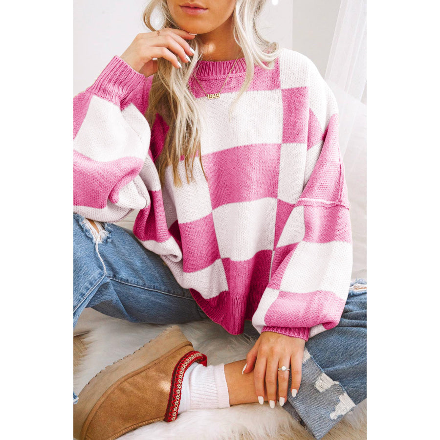 Black Checkered Bishop Sleeve Sweater Sweaters & Cardigans/Sweaters