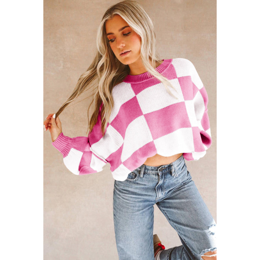 Black Checkered Bishop Sleeve Sweater Sweaters & Cardigans/Sweaters