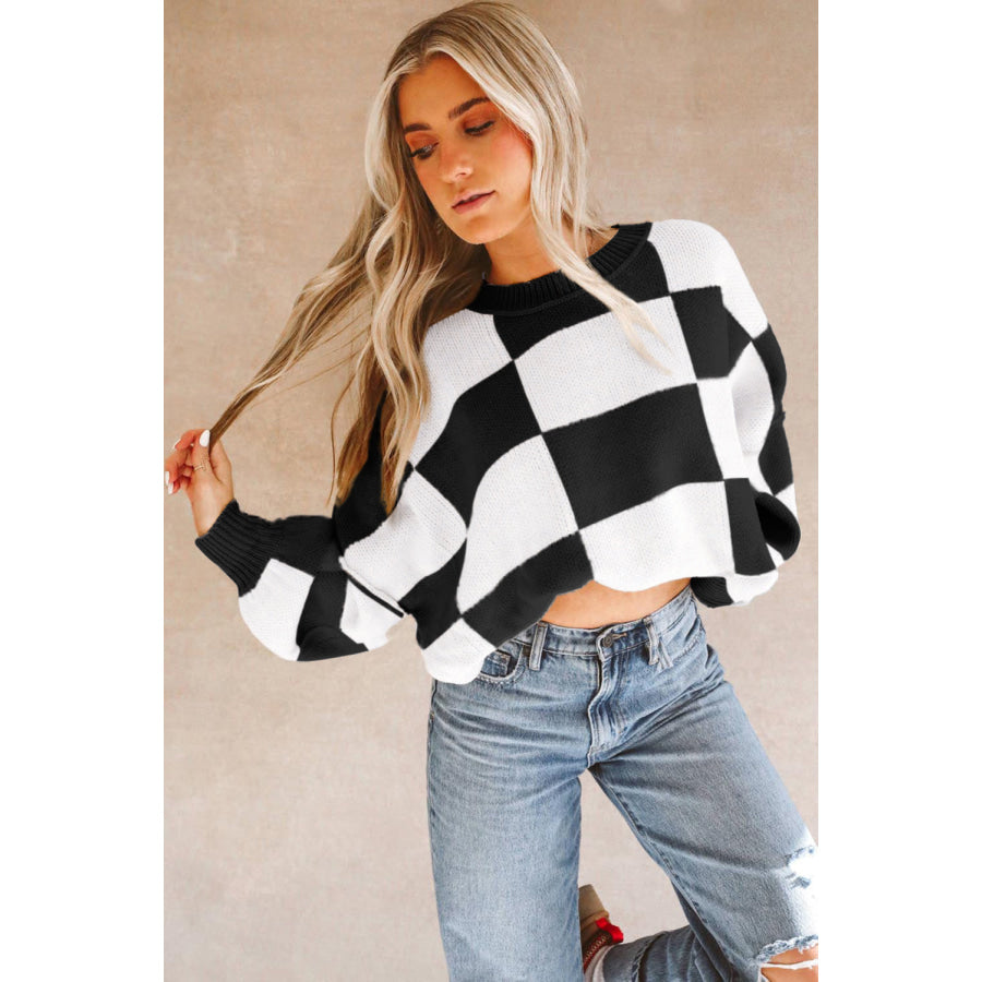 Black Checkered Bishop Sleeve Sweater Sweaters & Cardigans/Sweaters