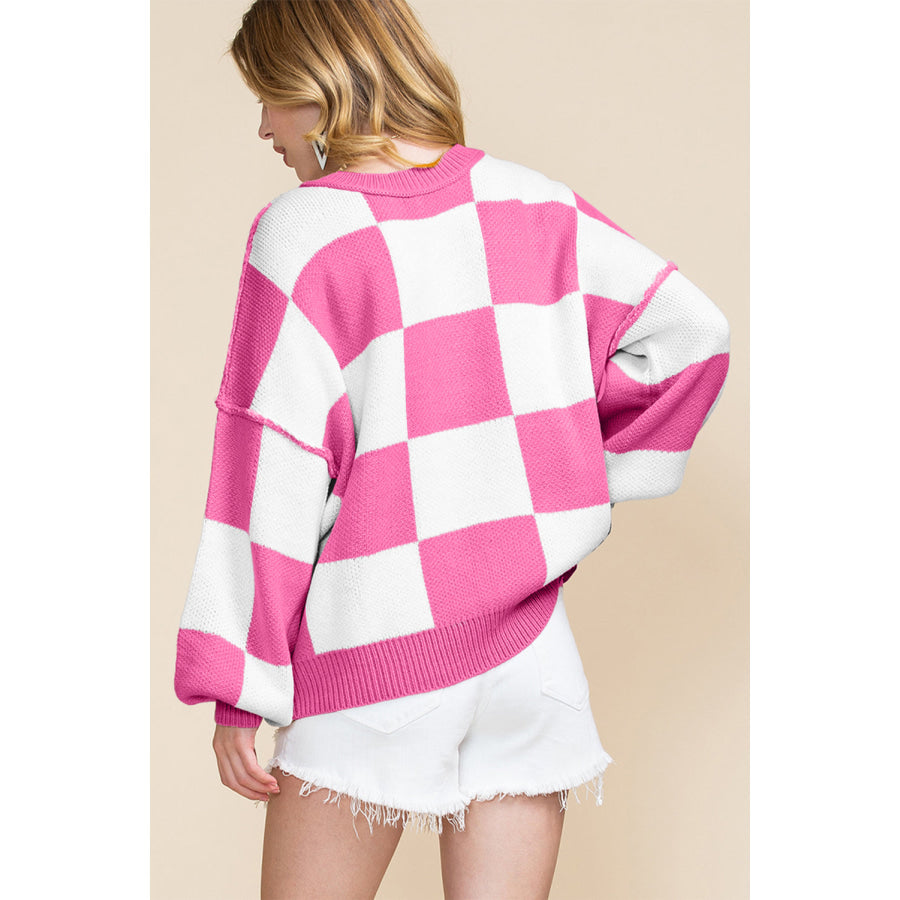 Black Checkered Bishop Sleeve Sweater Sweaters & Cardigans/Sweaters