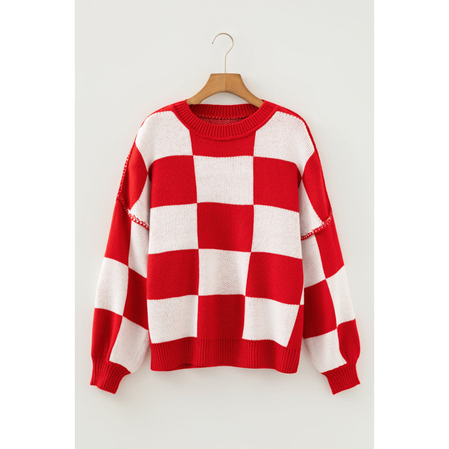 Black Checkered Bishop Sleeve Sweater Sweaters & Cardigans/Sweaters