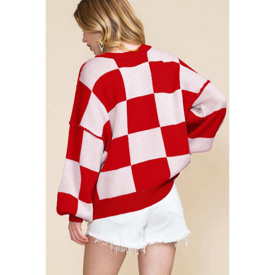 Black Checkered Bishop Sleeve Sweater Sweaters & Cardigans/Sweaters