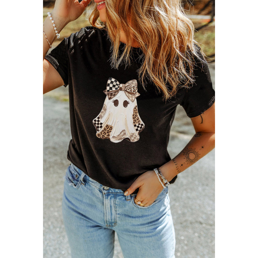 Black Checkered Leopard Ghost Print Round Neck Halloween T Shirt Graphic/Graphic Tees