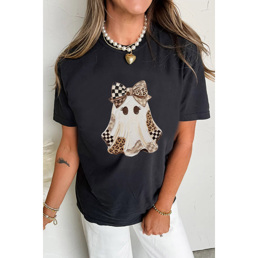 Black Checkered Leopard Ghost Print Round Neck Halloween T Shirt Graphic/Graphic Tees
