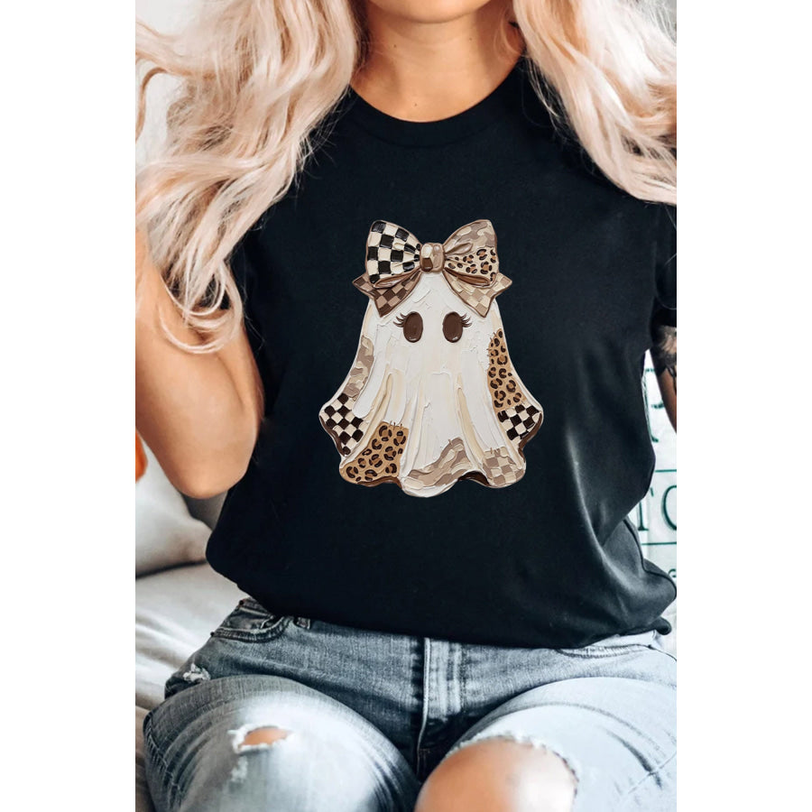 Black Checkered Leopard Ghost Print Round Neck Halloween T Shirt Graphic/Graphic Tees