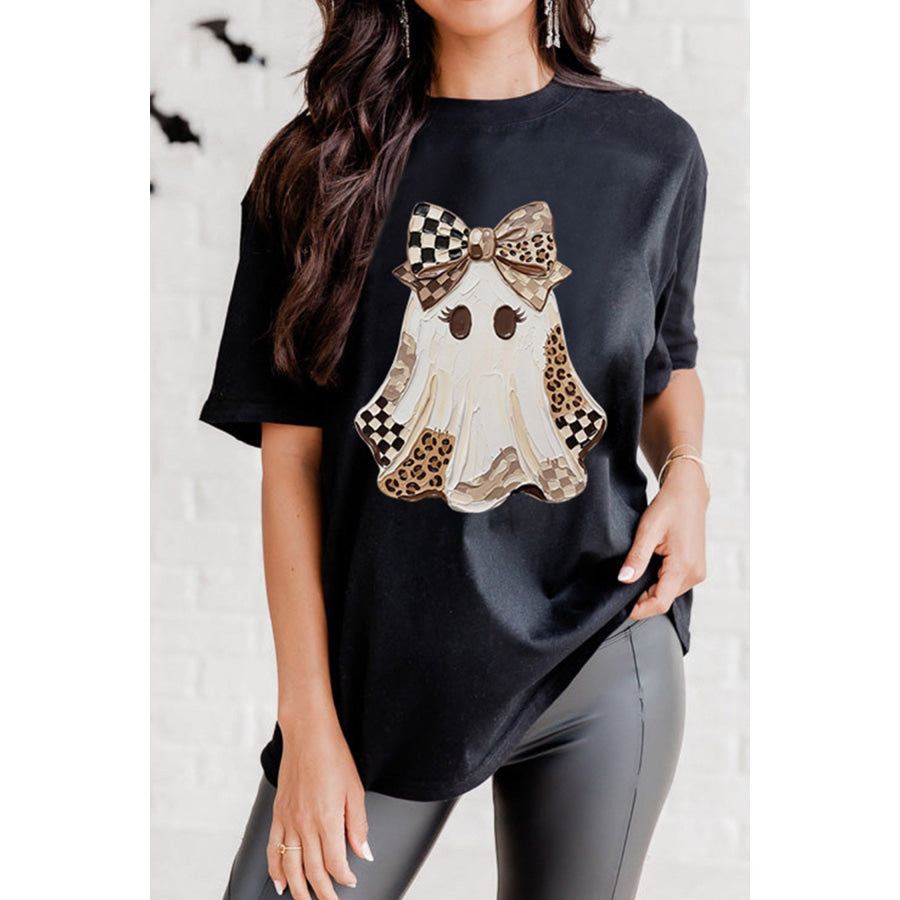 Black Checkered Leopard Ghost Print Round Neck Halloween T Shirt Graphic/Graphic Tees