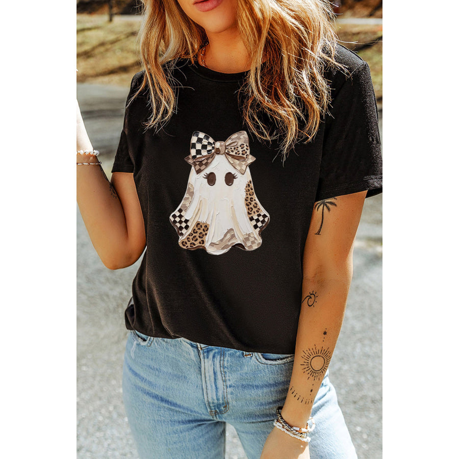 Black Checkered Leopard Ghost Print Round Neck Halloween T Shirt Graphic/Graphic Tees