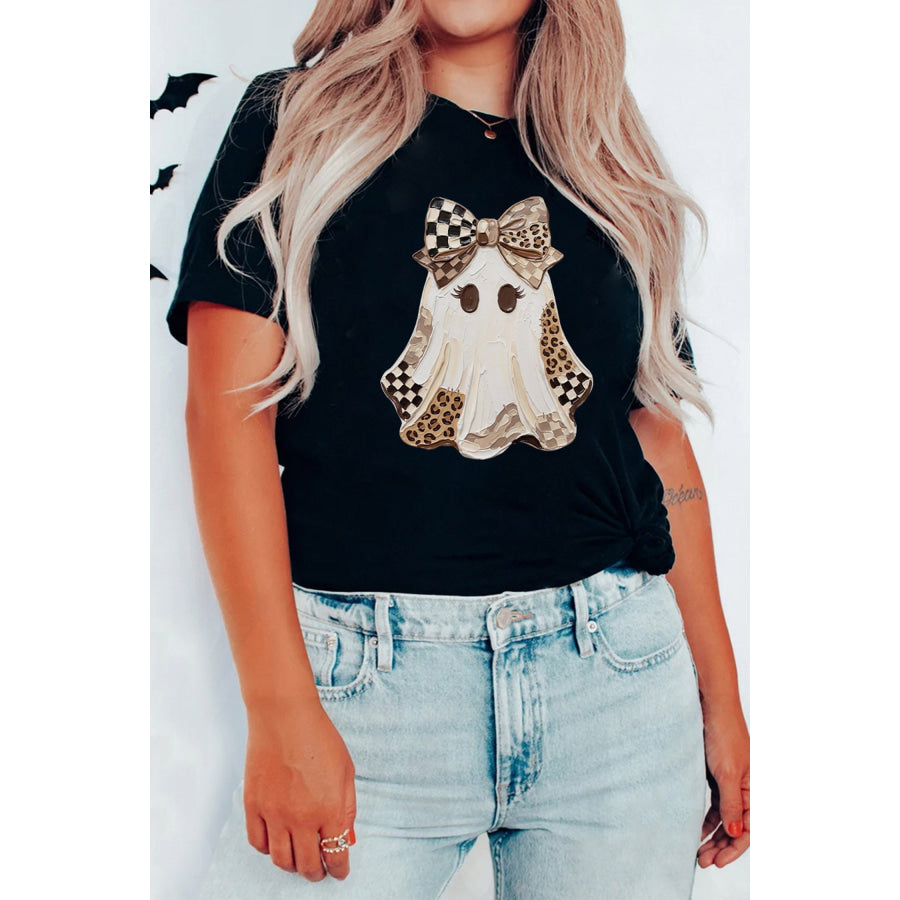 Black Checkered Leopard Ghost Print Round Neck Halloween T Shirt / S / 62% Polyester + 32% Cotton + 6% Elastane Graphic/Graphic Tees