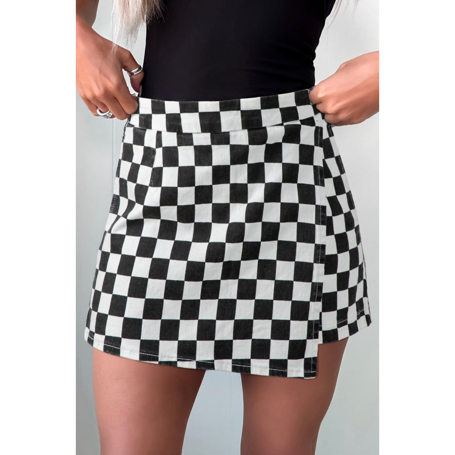 Black Checkered Print Overlap Denim Shorts Black / 4 / 98% Cotton + 2% Elastane Bottoms/Denim Shorts