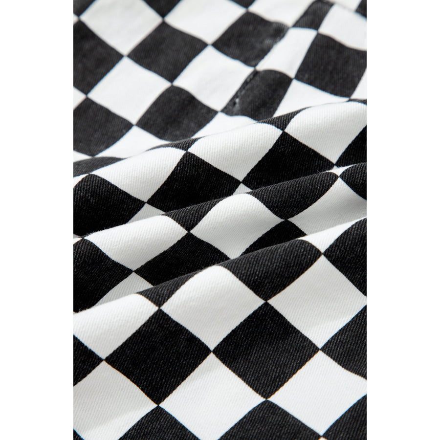 Black Checkered Print Overlap Denim Shorts Bottoms/Denim Shorts