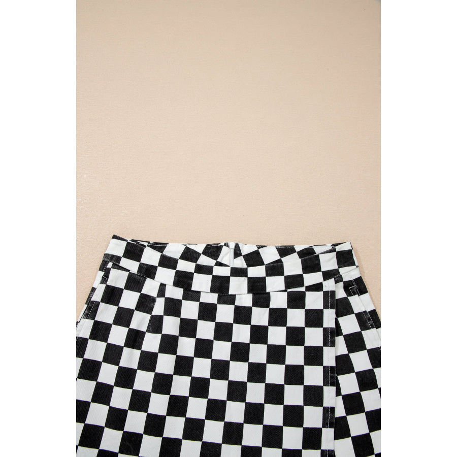 Black Checkered Print Overlap Denim Shorts Bottoms/Denim Shorts