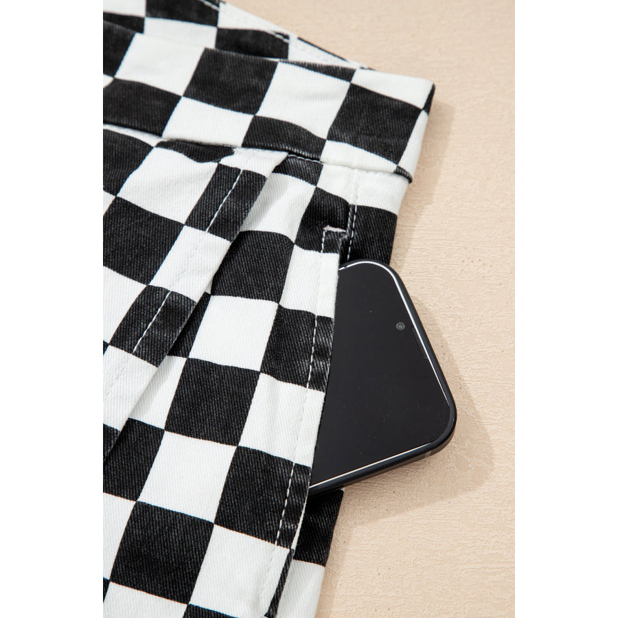 Black Checkered Print Overlap Denim Shorts Bottoms/Denim Shorts