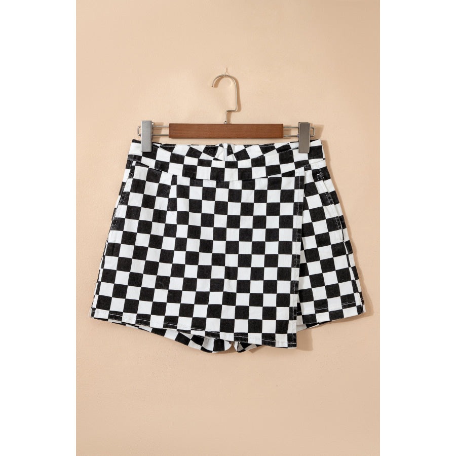 Black Checkered Print Overlap Denim Shorts Bottoms/Denim Shorts