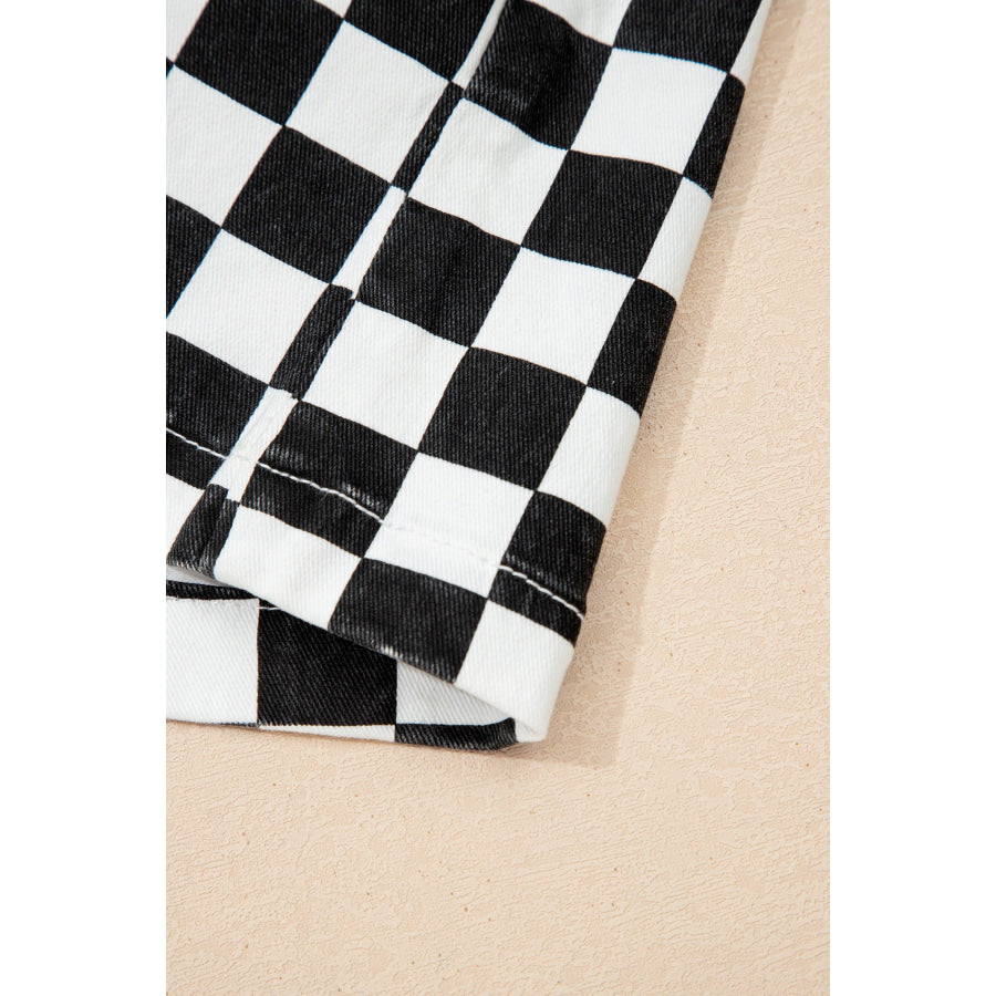 Black Checkered Print Overlap Denim Shorts Bottoms/Denim Shorts