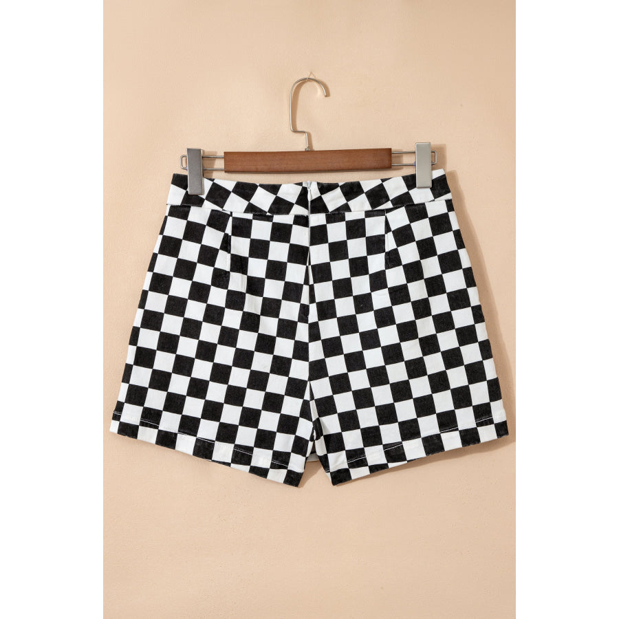 Black Checkered Print Overlap Denim Shorts Bottoms/Denim Shorts