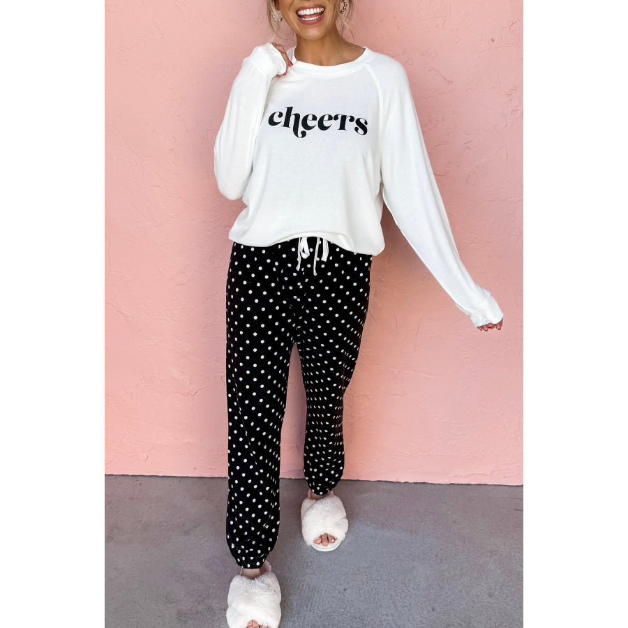 Black Cheers Graphic Raglan Long Sleeve Pullover and Polka Dot Pants 2pcs Loungewear / S / 75% Polyester + 20% Viscose + 5% Elastane &