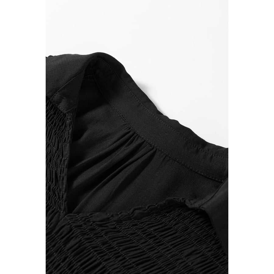 Black Collared V Neck Smocked Detail Contrast Leopard Trim Bracelet Sleeve Long Dress Dresses/Maxi Dresses