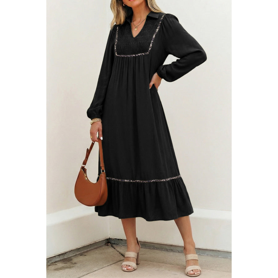 Black Collared V Neck Smocked Detail Contrast Leopard Trim Bracelet Sleeve Long Dress Dresses/Maxi Dresses