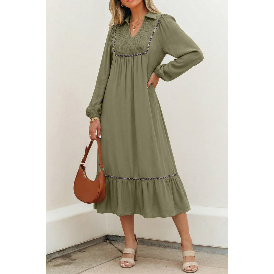 Black Collared V Neck Smocked Detail Contrast Leopard Trim Bracelet Sleeve Long Dress Dresses/Maxi Dresses