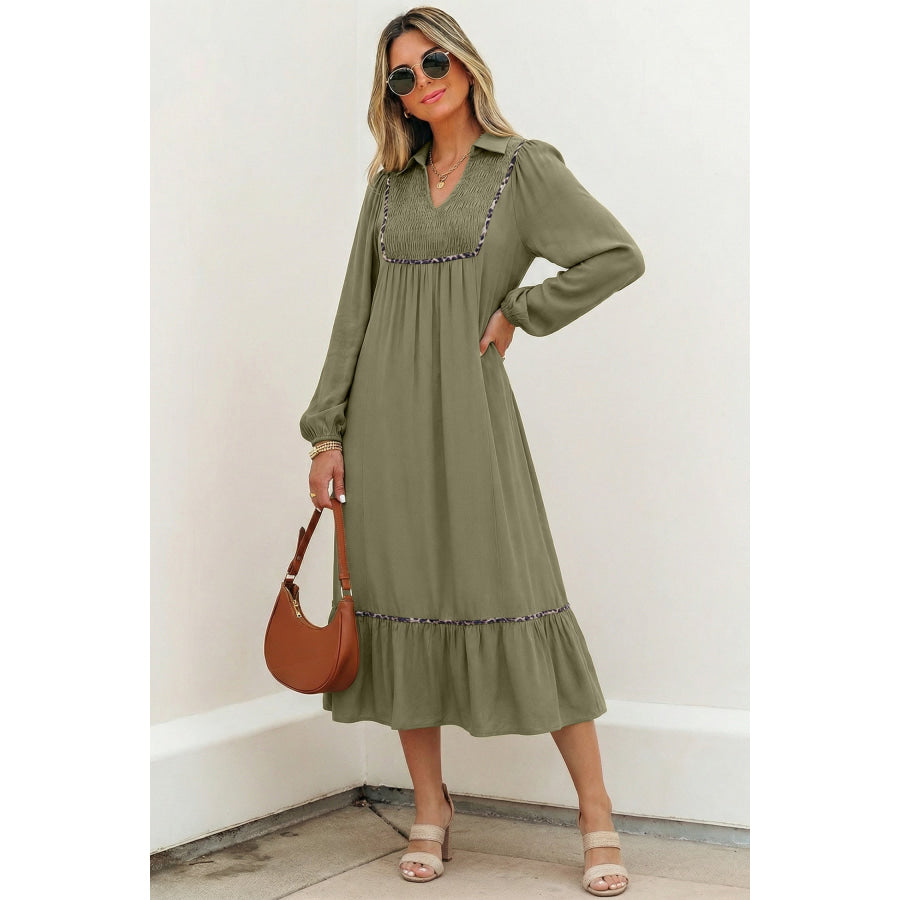 Black Collared V Neck Smocked Detail Contrast Leopard Trim Bracelet Sleeve Long Dress Dresses/Maxi Dresses
