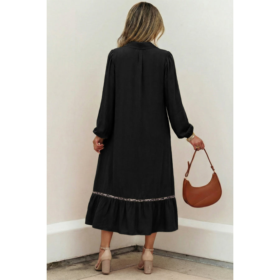 Black Collared V Neck Smocked Detail Contrast Leopard Trim Bracelet Sleeve Long Dress Dresses/Maxi Dresses