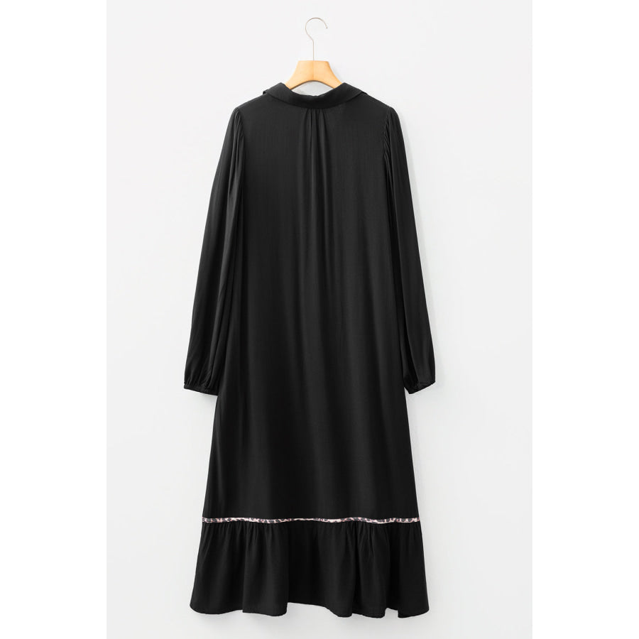 Black Collared V Neck Smocked Detail Contrast Leopard Trim Bracelet Sleeve Long Dress Black / S / 100% Viscose Dresses/Maxi Dresses