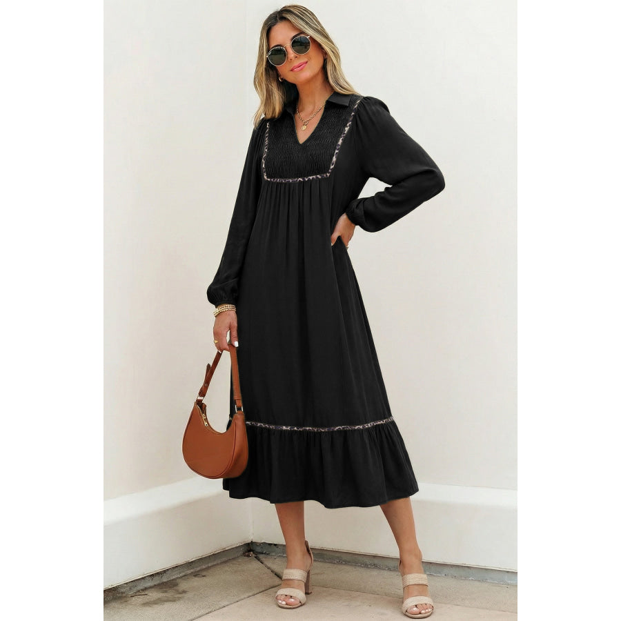 Black Collared V Neck Smocked Detail Contrast Leopard Trim Bracelet Sleeve Long Dress Dresses/Maxi Dresses