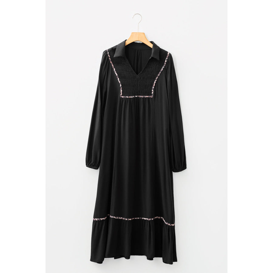 Black Collared V Neck Smocked Detail Contrast Leopard Trim Bracelet Sleeve Long Dress Black / S / 100% Viscose Dresses/Maxi Dresses