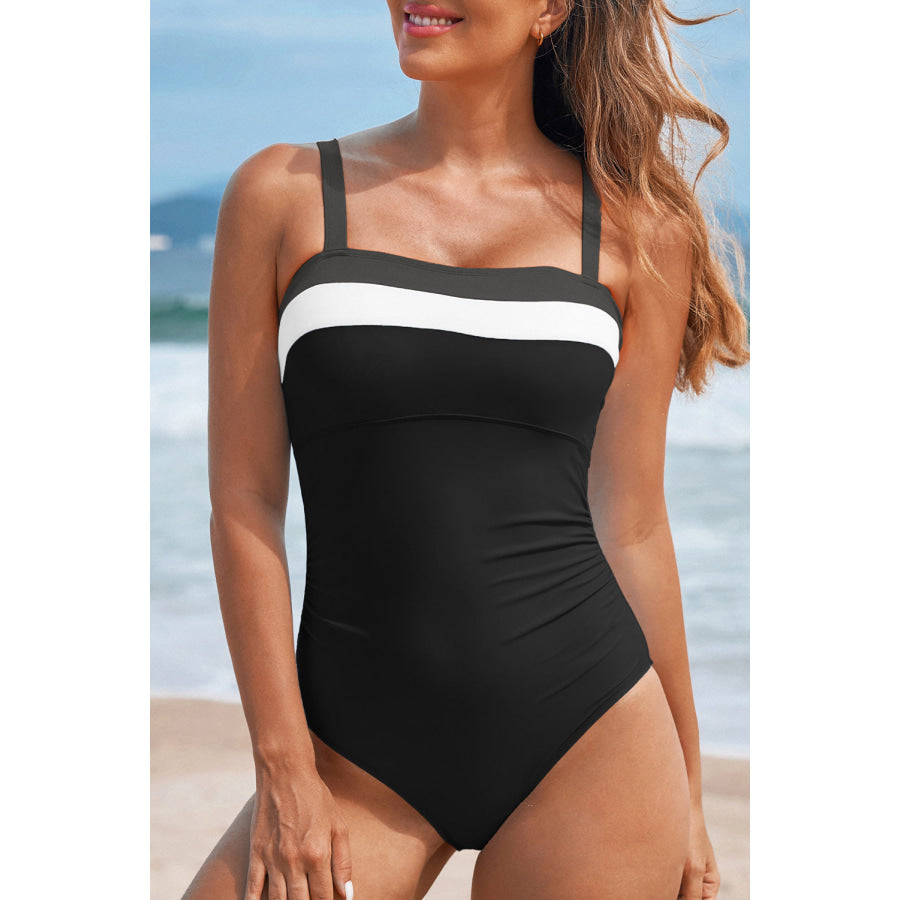 Black Color Block Detail Adjustable Straps One Piece Swimsuit Black / S / 82% Polyamide + 18% Elastane Swimwear/One Piece Swimsuit