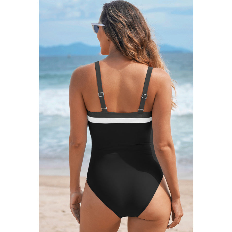 Black Color Block Detail Adjustable Straps One Piece Swimsuit Black / S / 82% Polyamide + 18% Elastane Swimwear/One Piece Swimsuit